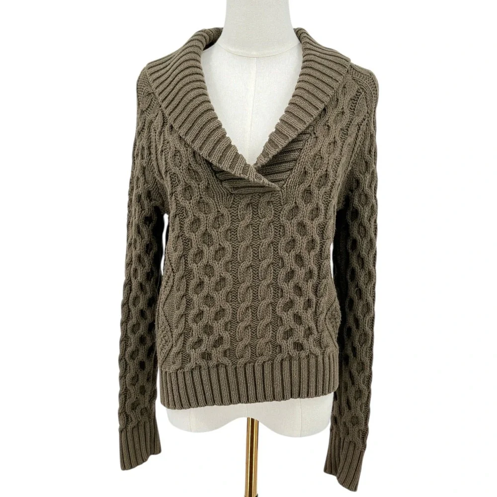Denim & Supply‎ Womens Sweater Cropped Cable Knit Shawl Collar Olive Green Med